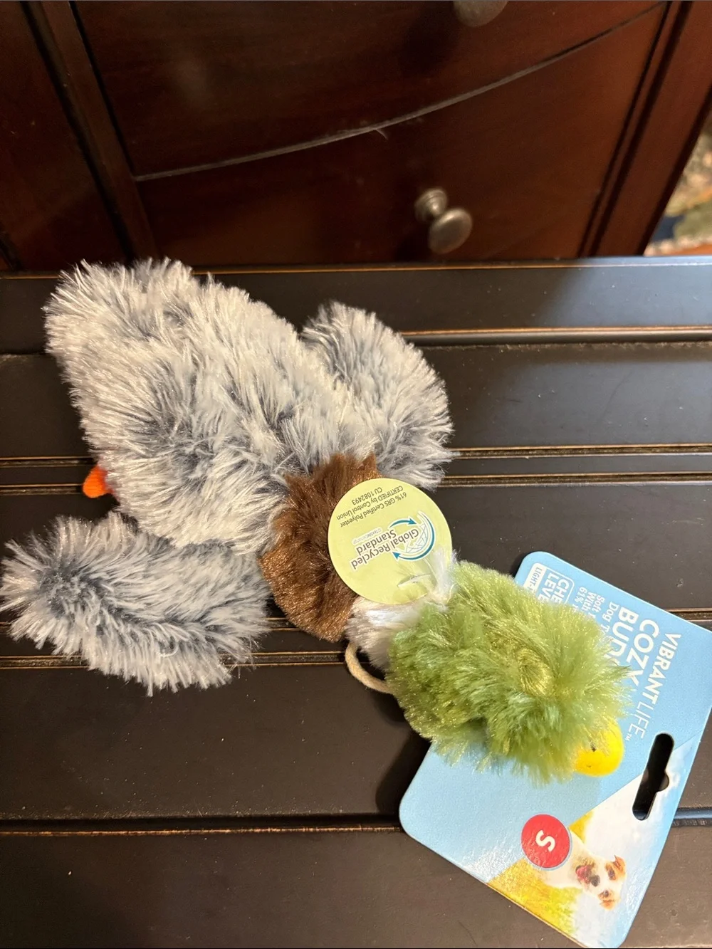Vibrant Plush Duck squeaky. Gray, Green & Brown. Small Dog
